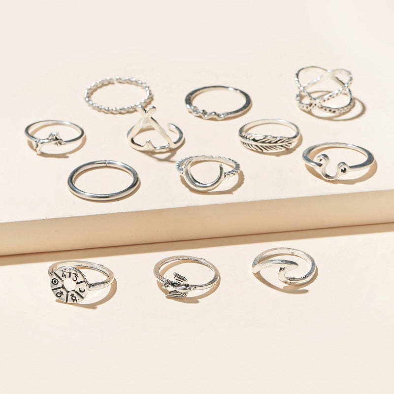 12pc Midi Ring Set Silver Vintage Design Moon Feather Rings Jewellery