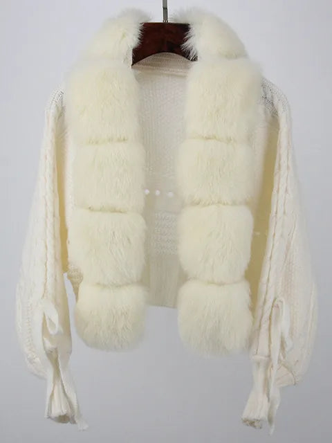 Women's Knitted Premium Faux Fur Coat V Neck Patchworks Full Sleeve Winter Jacket