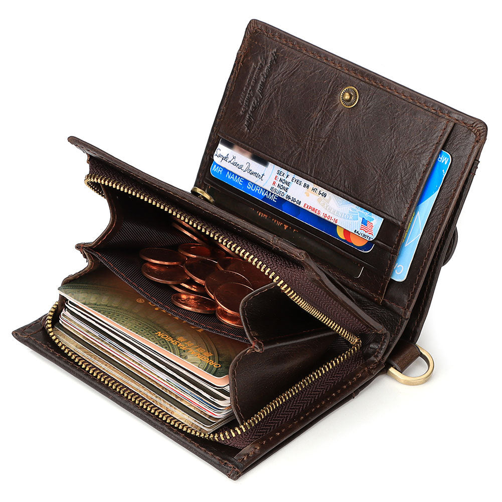 Leather Men's Wallet RFID Blocking Anti-Magnetic Zipper Multiple Card Slots Secure
