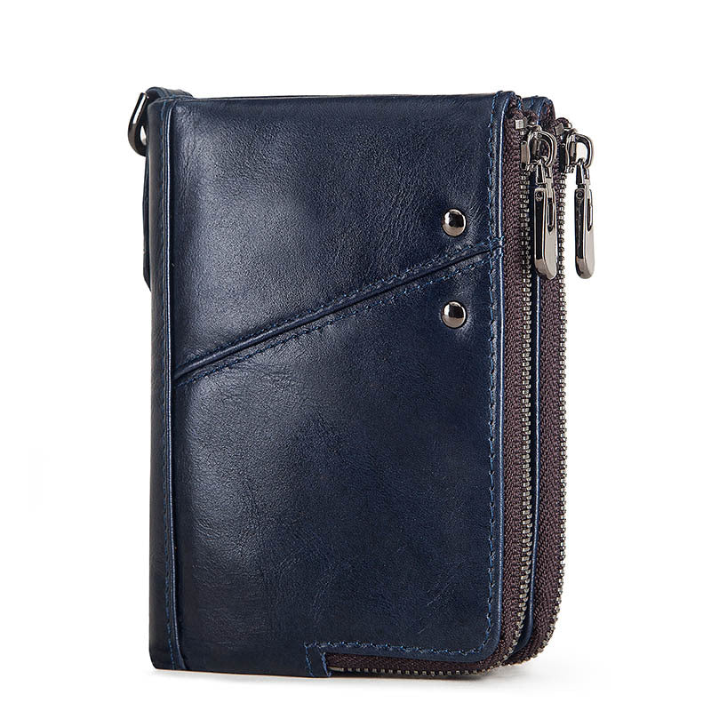 RFID Blocking Genuine Leather Wallet Mens Double Zip Card Holder Purse
