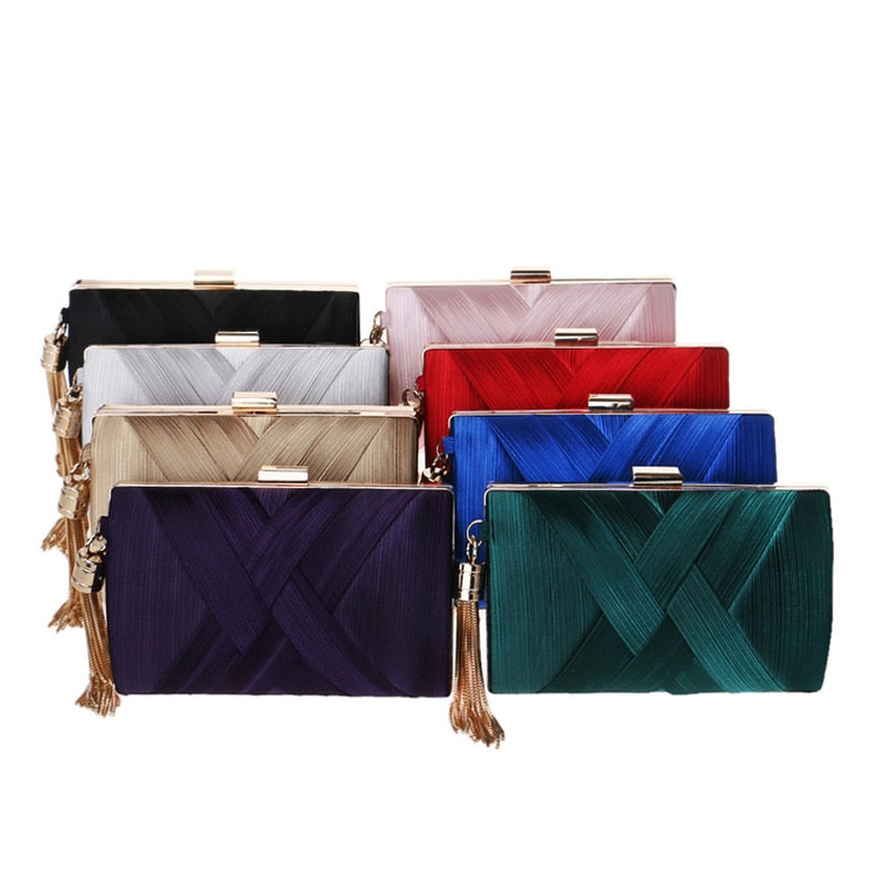 Elegant Satin Tassel Clutch Bag Evening Party Purse Wedding Bridal