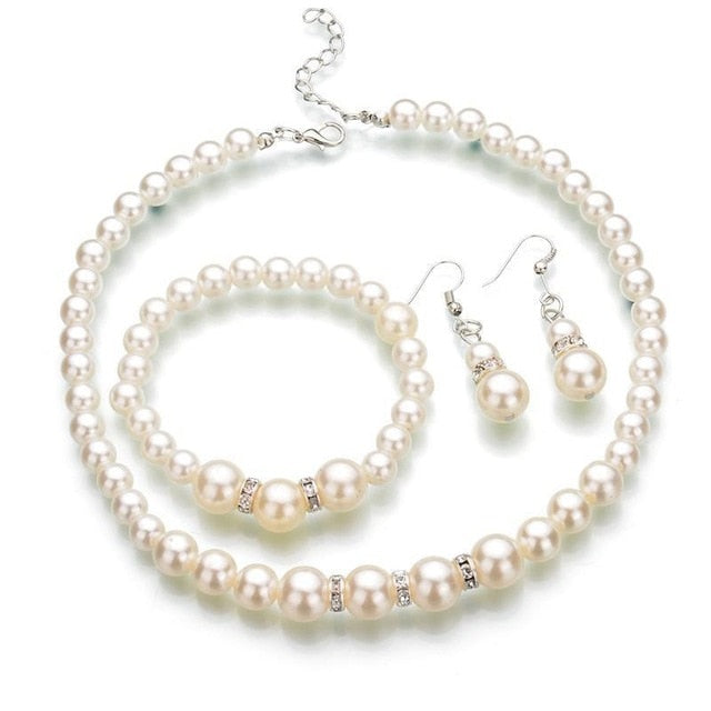 3pc Pearl Jewellery Set Necklace Earrings & Bracelet Women’s Jewellery