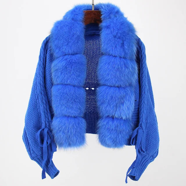 Women's Knitted Premium Faux Fur Coat V Neck Patchworks Full Sleeve Winter Jacket