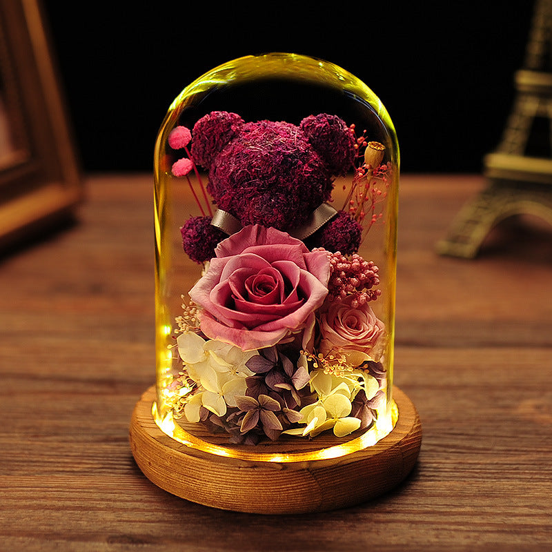 Everlasting Flower Bear Glass Dome Valentine's Day Gift Preserved Rose Roses