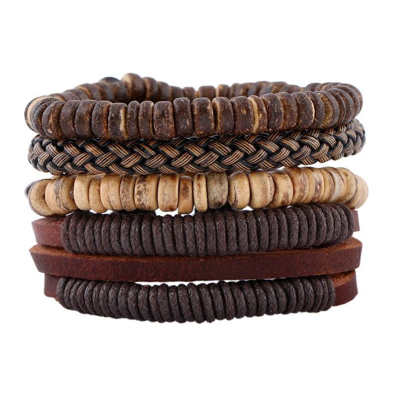 Men's Retro Cowhide Coconut Shell Wooden Bead Bracelet Set Adjustable Woven