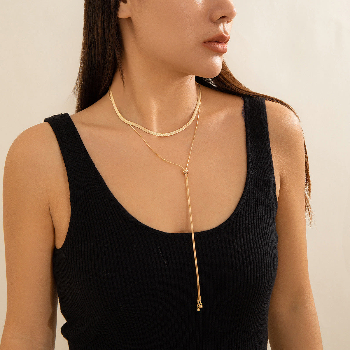 Gold Silver Double Layer Snake Chain Drop Dangle Necklace Jewellery