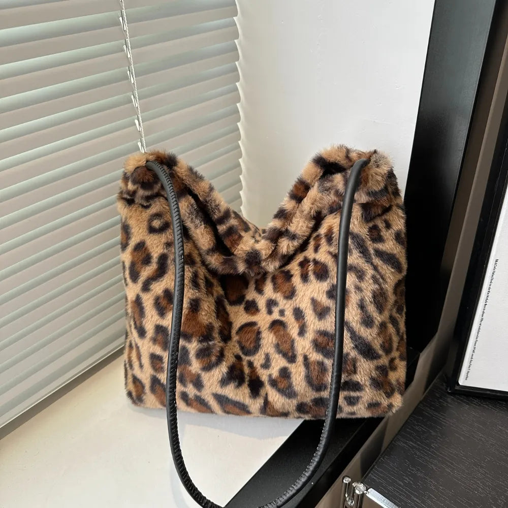 Leopard Print Shoulder Bag Furry Crossbody Spacious Lightweight Stylish Accessory