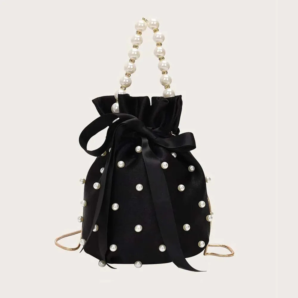 Pearl Embellished Bucket Bag Spacious Nylon Drawstring Closure Faux Leather Trim