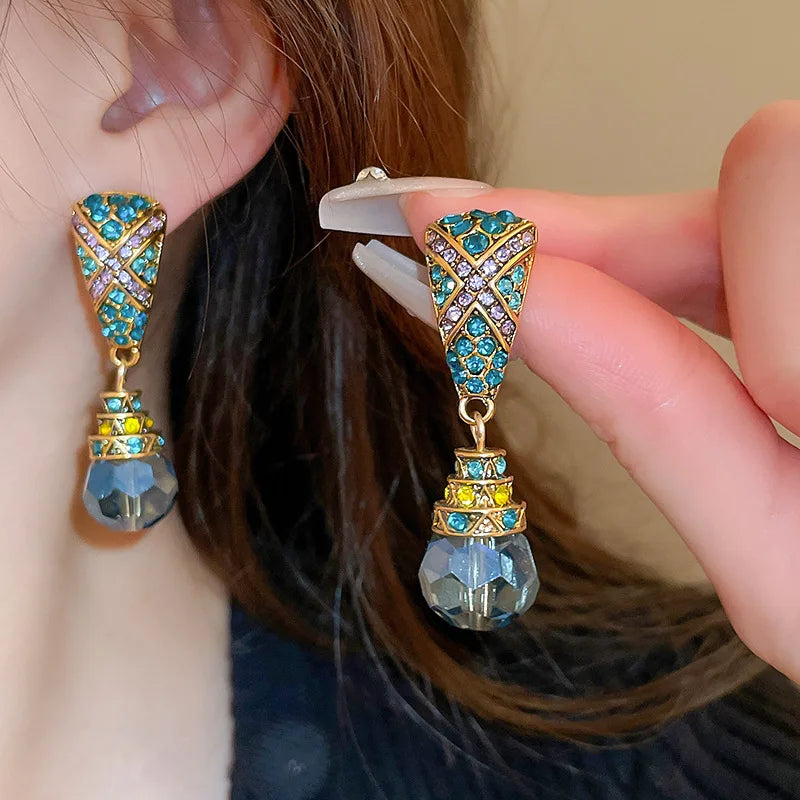 Vintage-Inspired Crystal Drop Earrings Geometric Blue Stone Dangle