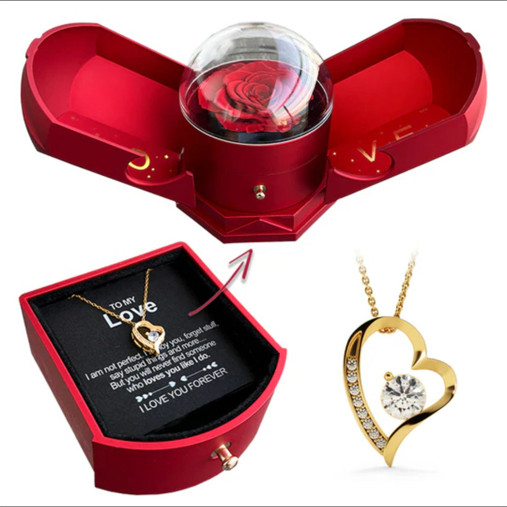 Dual Rose & Necklace Gift Box Set Crystal Heart Necklace Valentine's Day Romantic