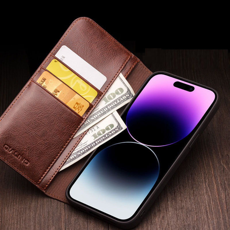 Genuine Leather Flip Card Case Fits iPhone 16 15 14 13 12 11 Pro Max Shockproof
