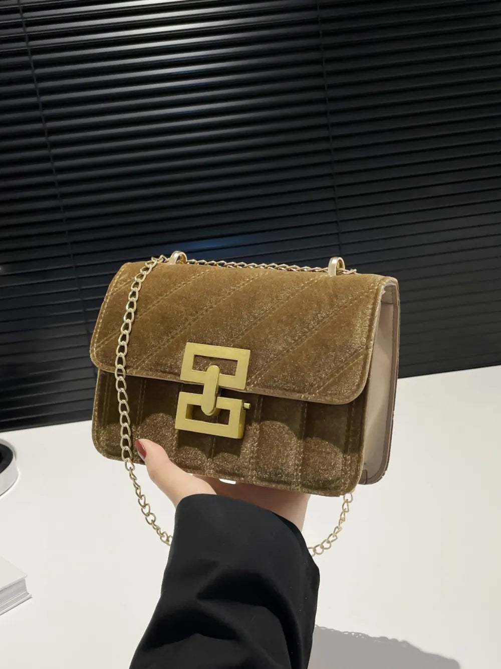 Small Faux Leather Chain Shoulder Bag, Gold-Tone Chain, Crossbody Handbag