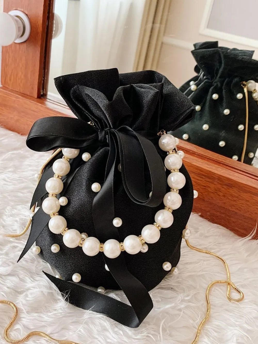 Pearl Embellished Bucket Bag Spacious Nylon Drawstring Closure Faux Leather Trim