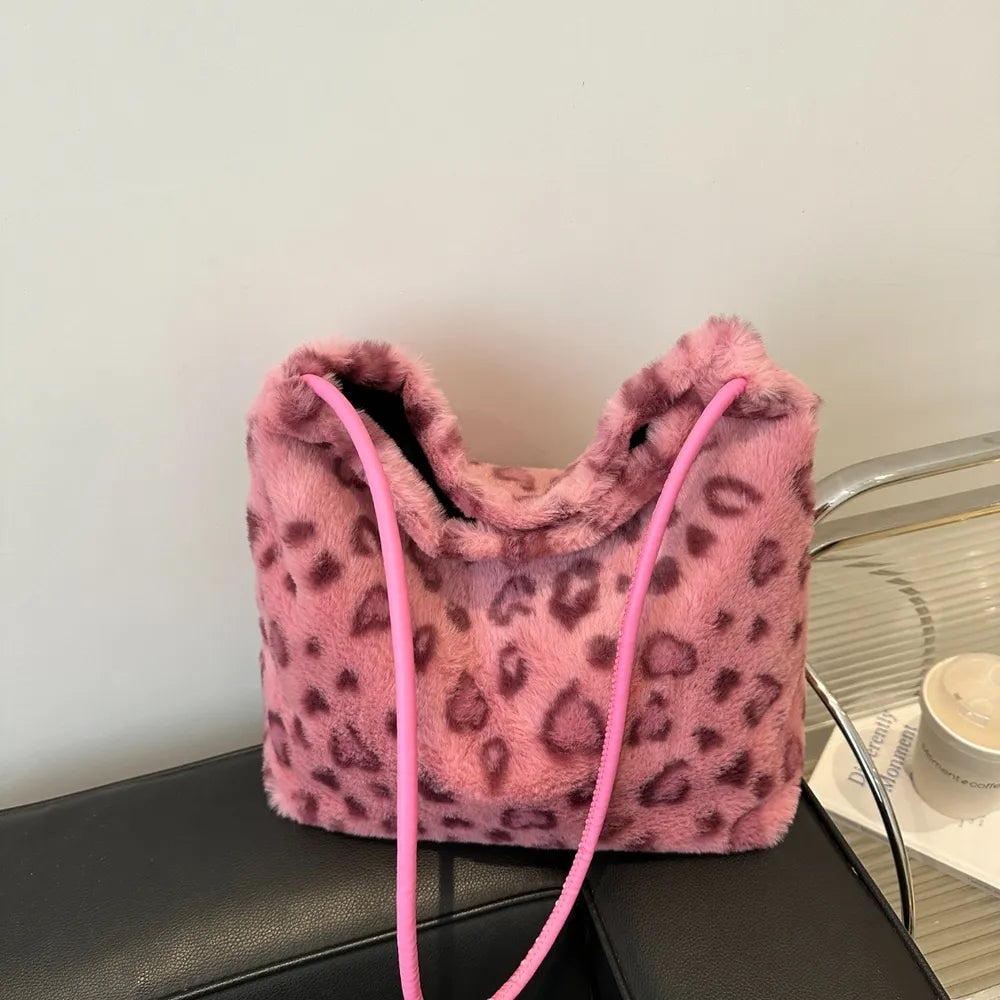 Leopard Print Shoulder Bag Furry Crossbody Spacious Lightweight Stylish Accessory