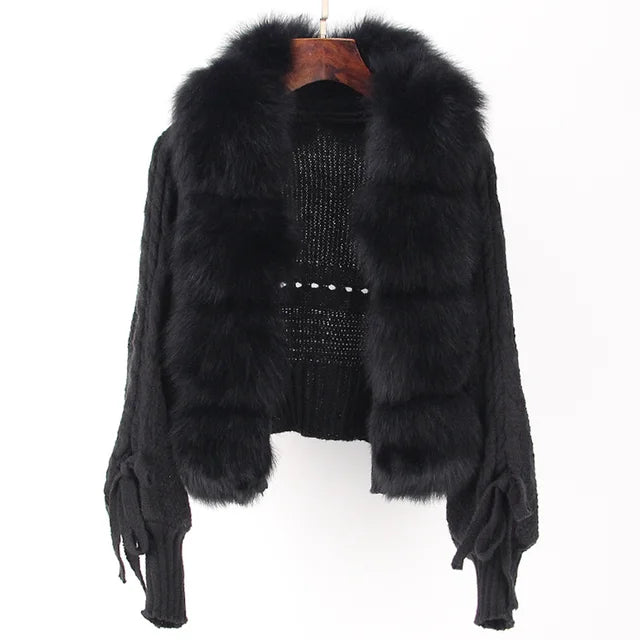 Women's Knitted Premium Faux Fur Coat V Neck Patchworks Full Sleeve Winter Jacket