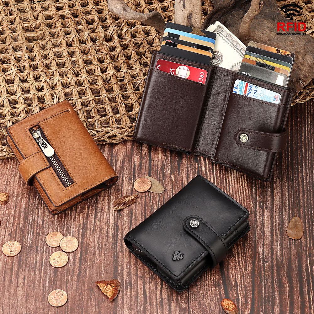 Men's RFID Blocking Leather Wallet Secure Zipper Card Holder Vintage Style Storage