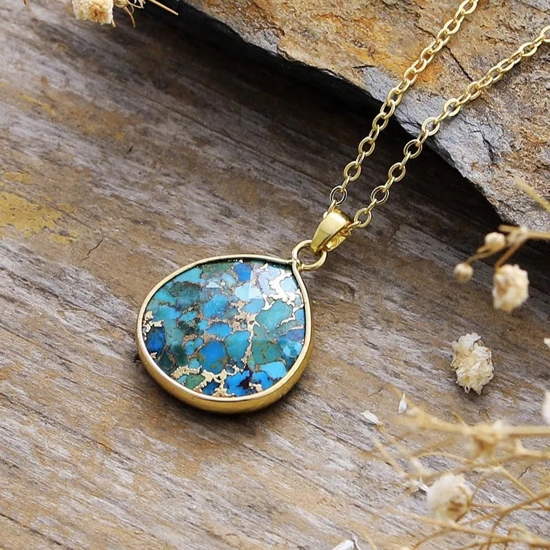 Turquoise Teardrop Pendant Necklace Copper Chain Jewellery Gold Silver 40cm Gift