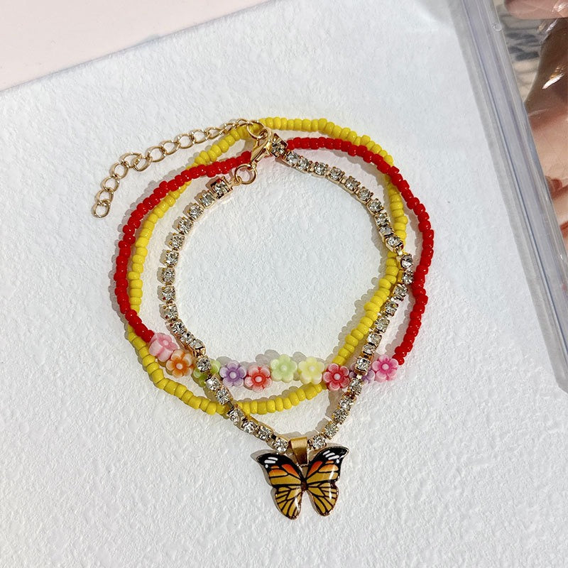 Multi-Layer Handmade Beaded Butterfly Dangle Floral Anklet Crystal Jewellery