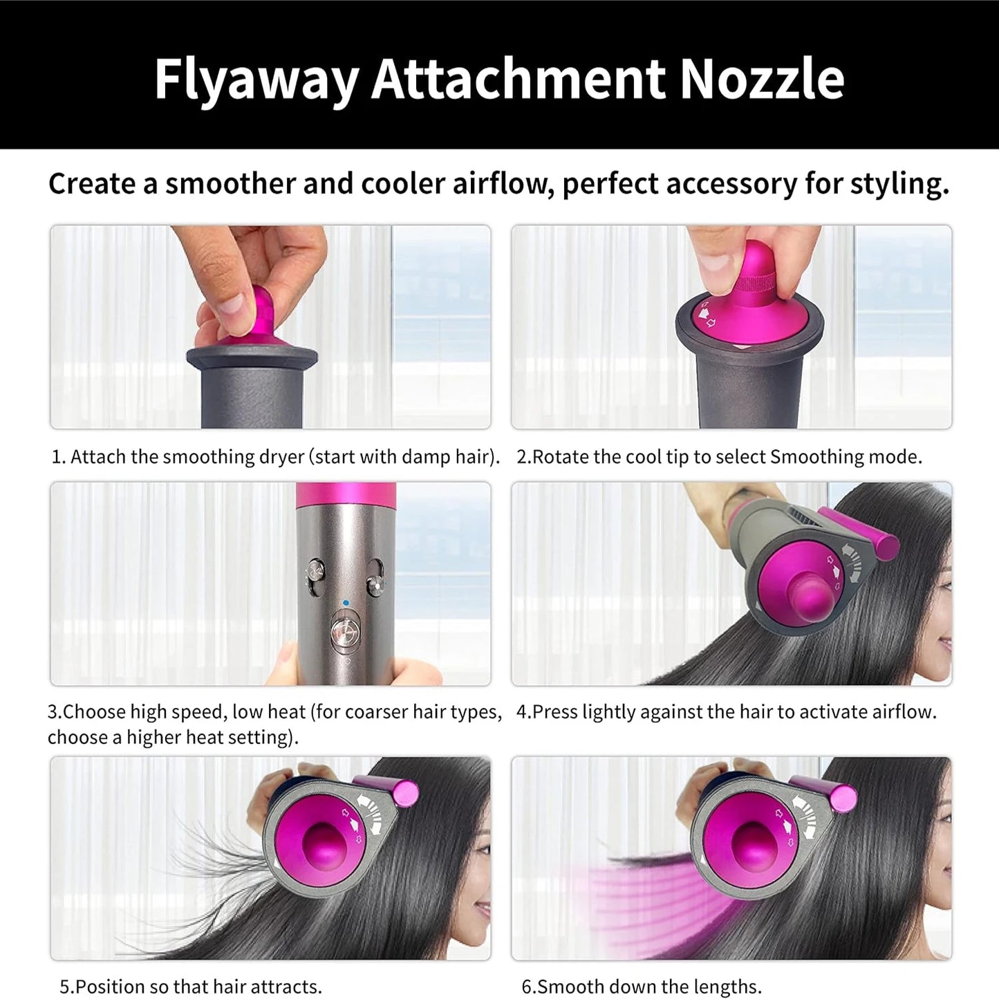 Smooth Flyaway Attachment Nozzle Fits Dyson Airwrap HS05/HS01 Hair Styling
