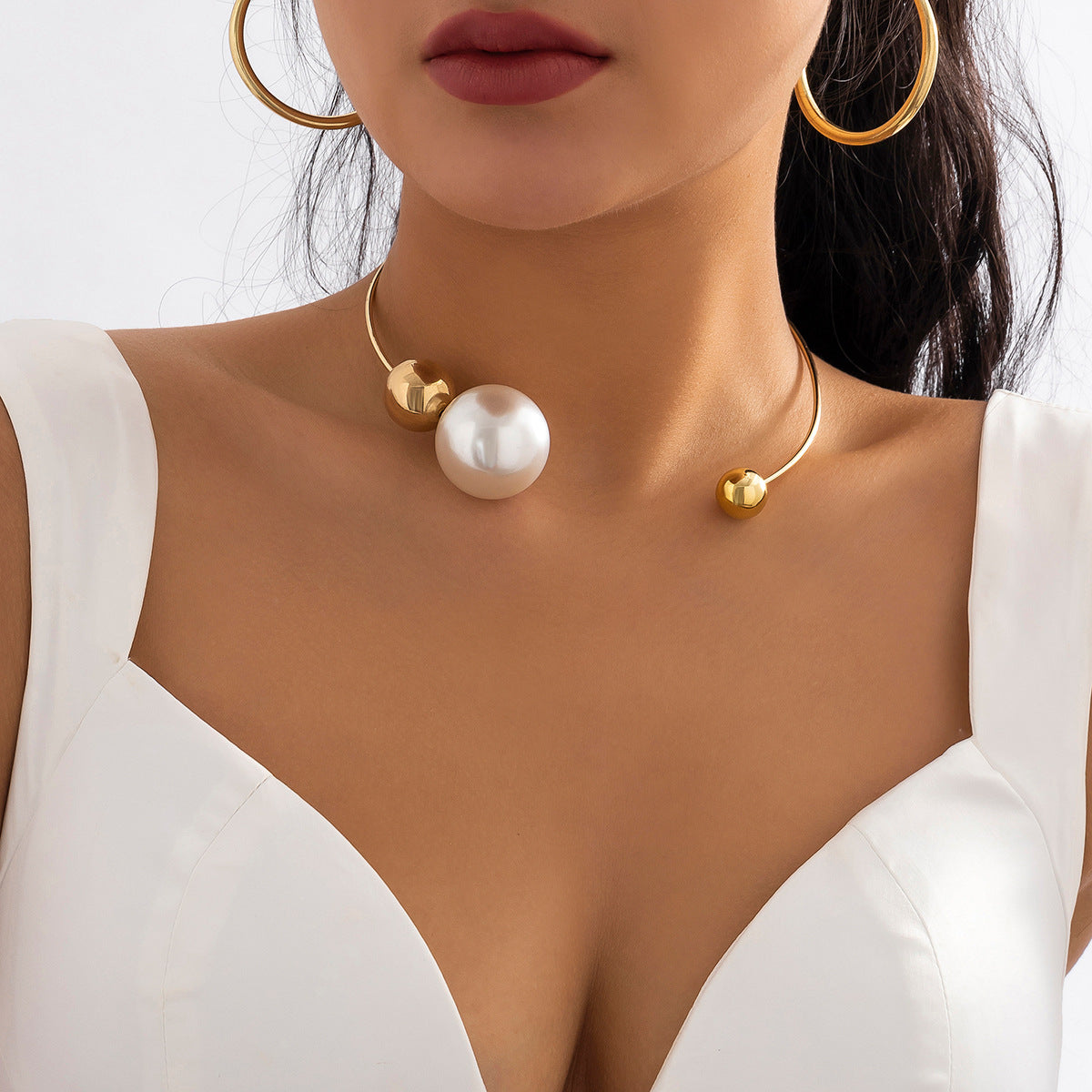 Gold Silver Asymmetrical Round Collar Pearl Necklace Jewellery