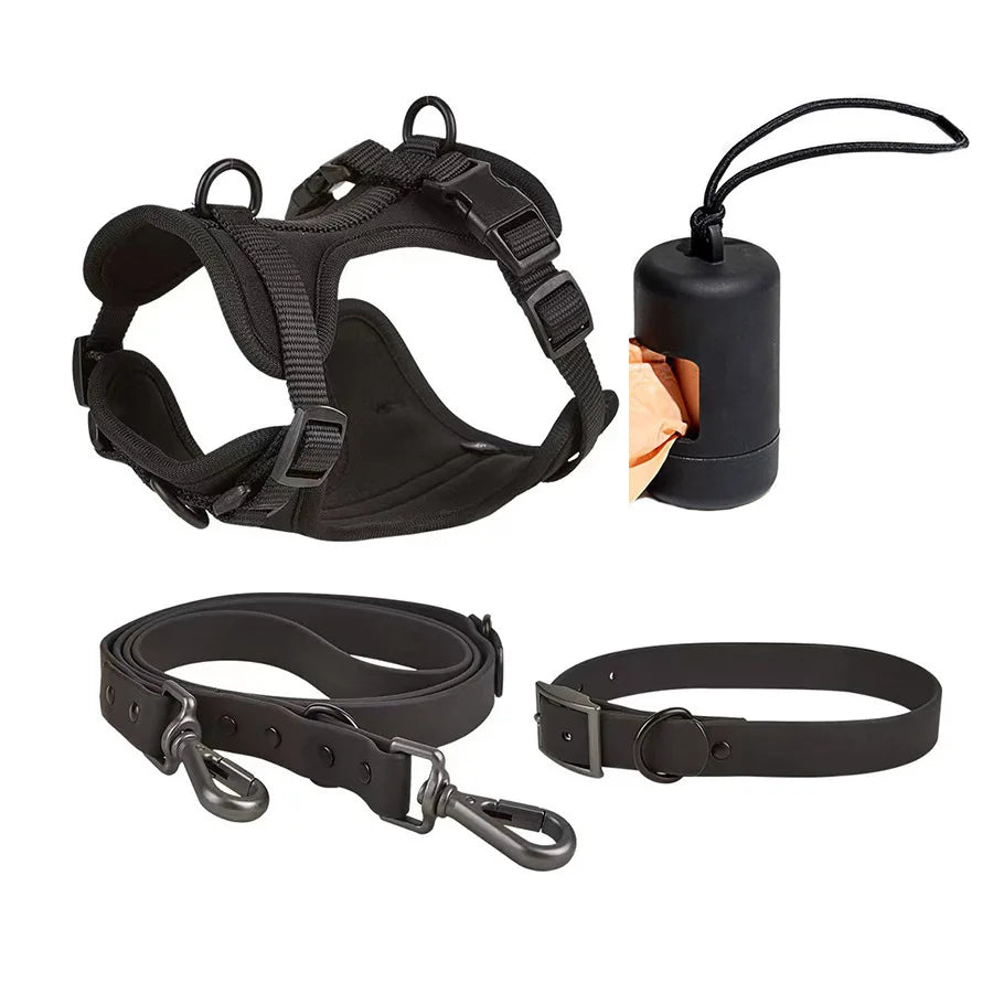 4pc Premium Waterproof PVC Neoprene Pet Harness Leash Collar Bag Dispenser Set