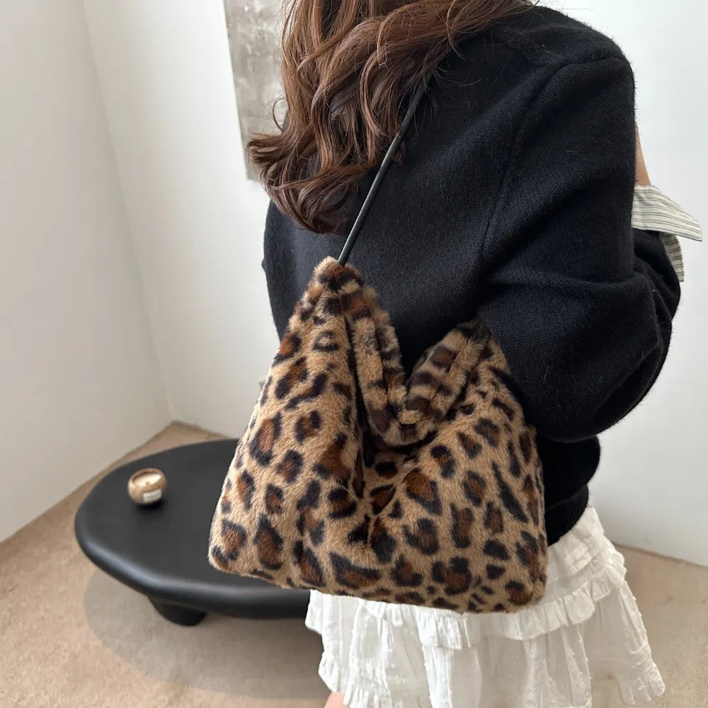 Leopard Print Shoulder Bag Furry Crossbody Spacious Lightweight Stylish Accessory