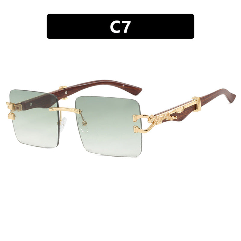 Women's Wooden Frameless Square UV400 Sunglasses Slim Leopard Print Protection