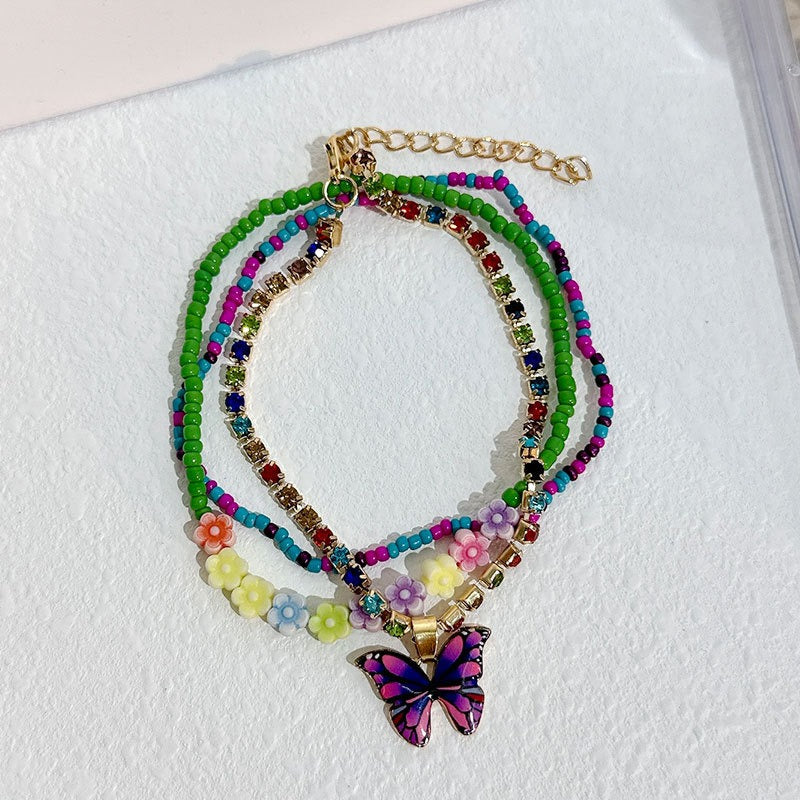 Multi-Layer Handmade Beaded Butterfly Dangle Floral Anklet Crystal Jewellery