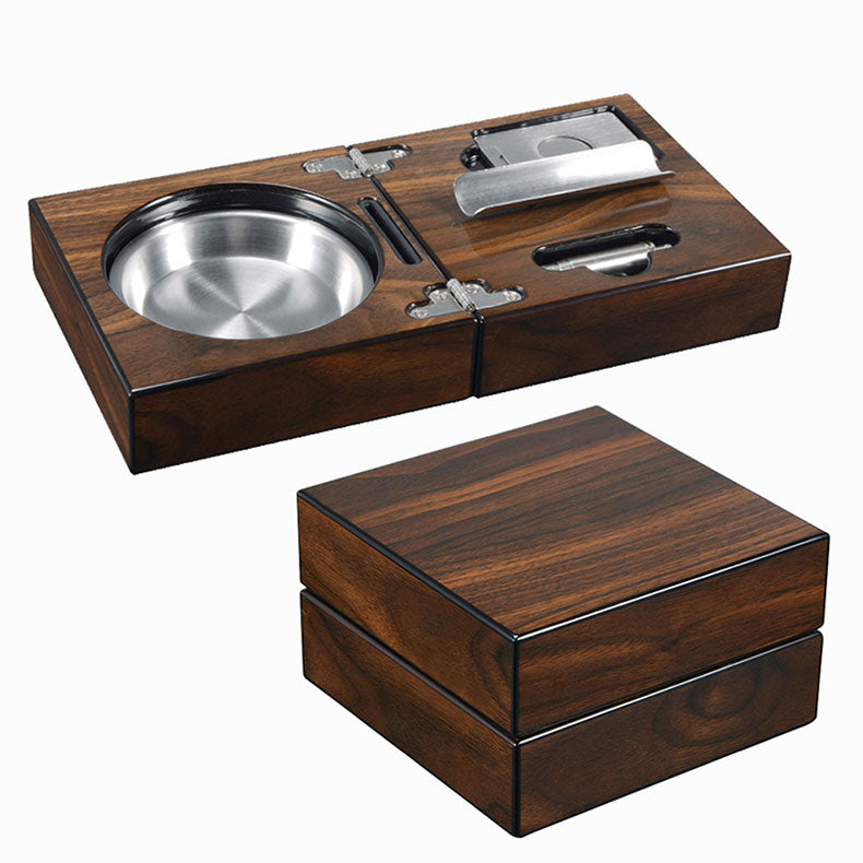 Walnut Wood Cigar Ashtray Set with Cutter Holder Drill Ashtray Compact Design Gift