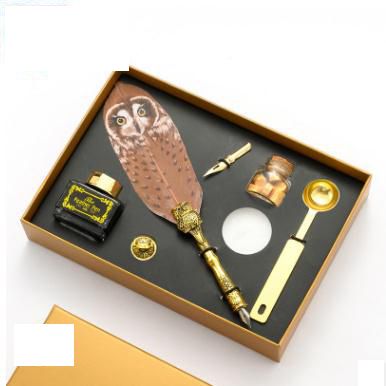 Luxury Owl Feather Quill Pen & Ink Set with Retro Seal Stamp & Accessories