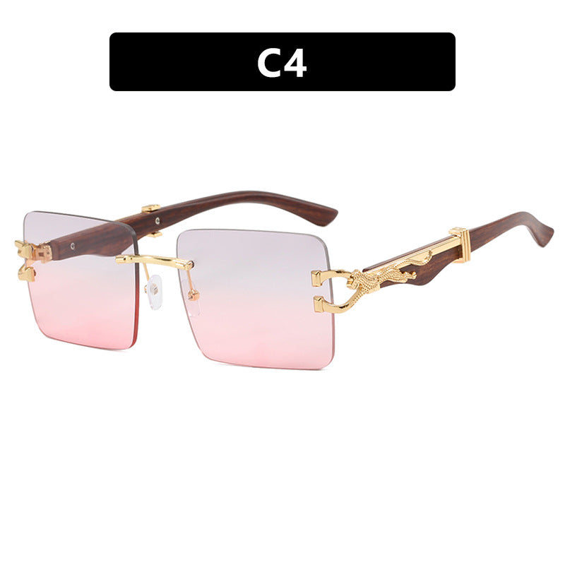 Women's Wooden Frameless Square UV400 Sunglasses Slim Leopard Print Protection