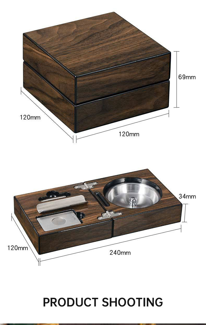 Walnut Wood Cigar Ashtray Set with Cutter Holder Drill Ashtray Compact Design Gift