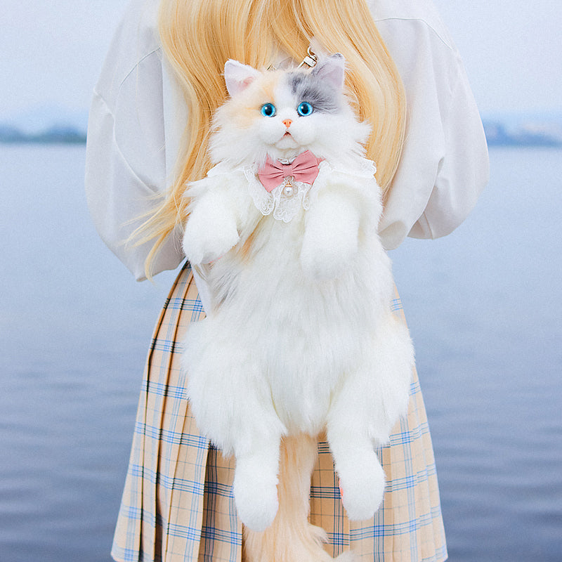 Adorable Plush Cat Backpack Soft 50cm Toy Bag with Pink or Blue Bib