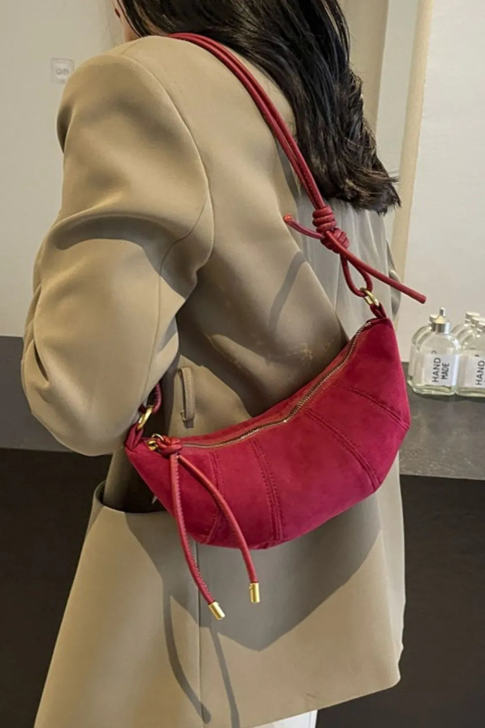Suede Shoulder Bag Faux Leather Strap Women's Zip Closure Spacious Interior