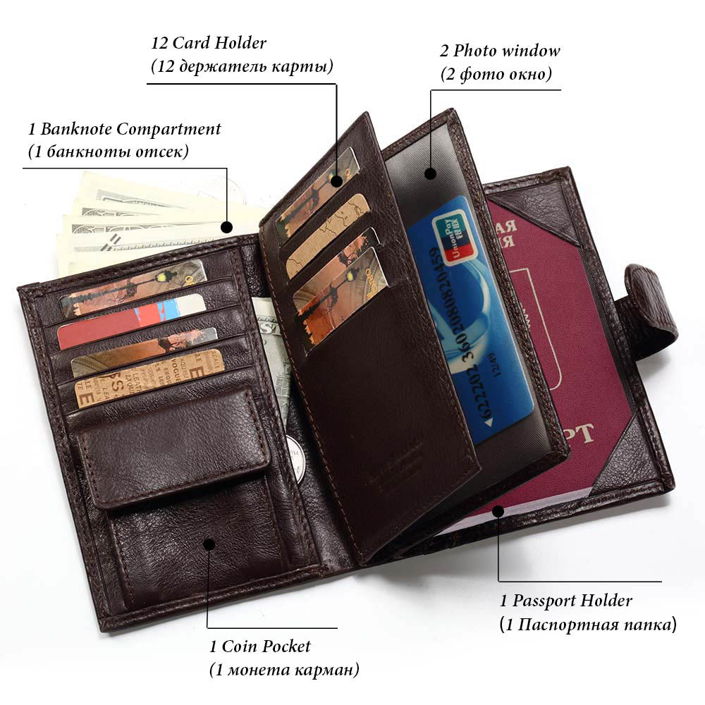 Genuine Leather Passport Wallet for Men RFID Secure Multi-Card Large Capacity Holder