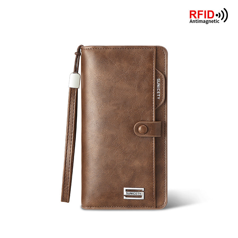 Men's Faux Leather Wallet Large Capacity Zipper Phone Slot Secure Storage Executive