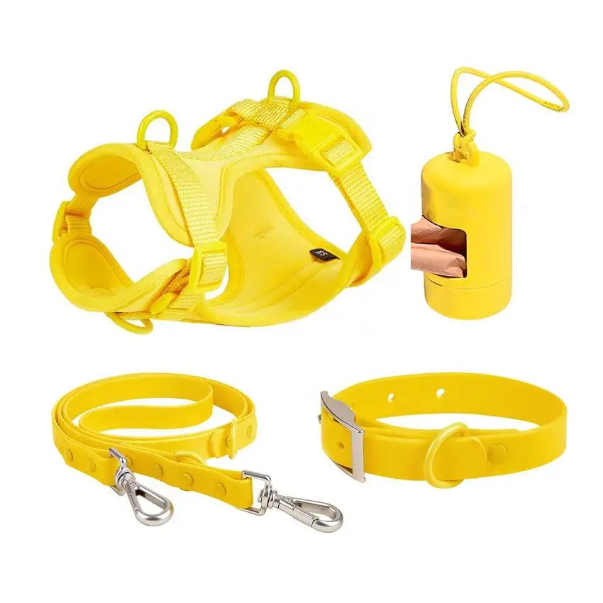 4pc Premium Waterproof PVC Neoprene Pet Harness Leash Collar Bag Dispenser Set