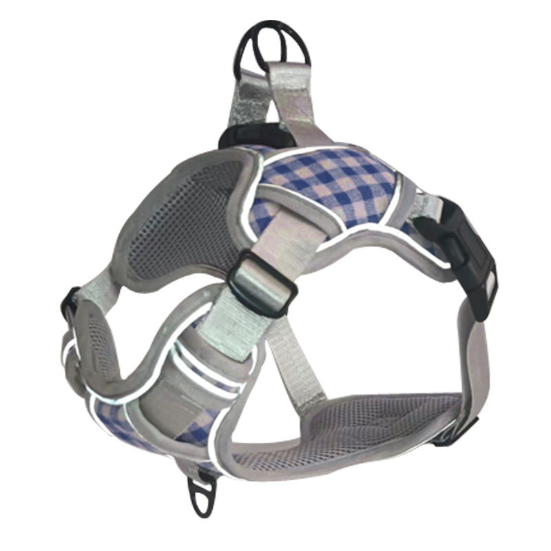 Plaid Reflective Adjustable Breathable Dog Harness Small Large Pets Night Safety