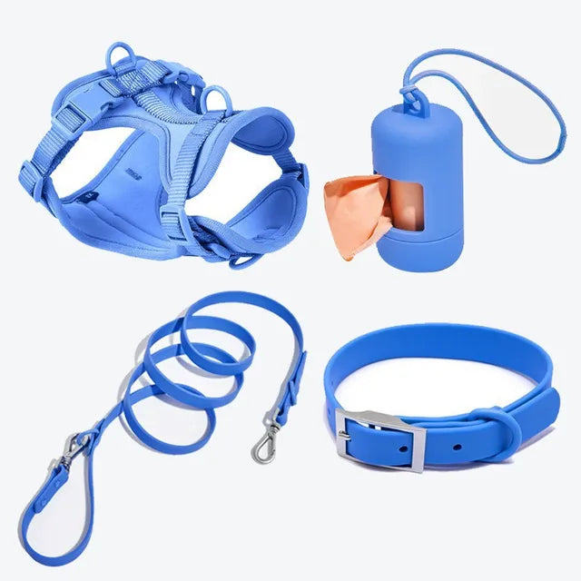 4pc Premium Waterproof PVC Neoprene Pet Harness Leash Collar Bag Dispenser Set