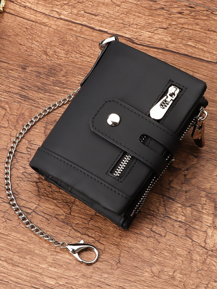 Men's Genuine Leather Wallet Bifold RFID Blocking Card Holder Chain