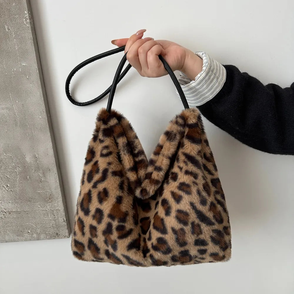 Leopard Print Shoulder Bag Furry Crossbody Spacious Lightweight Stylish Accessory