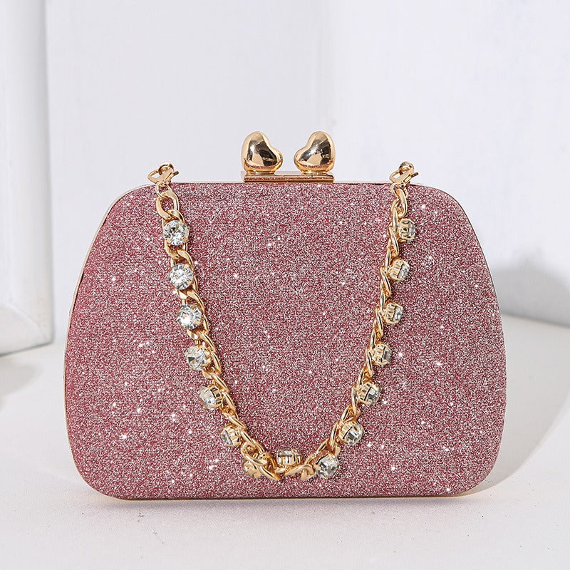 Gold Tone Glitter Gemstone Chain Handle Crystal Small Bag Handbag