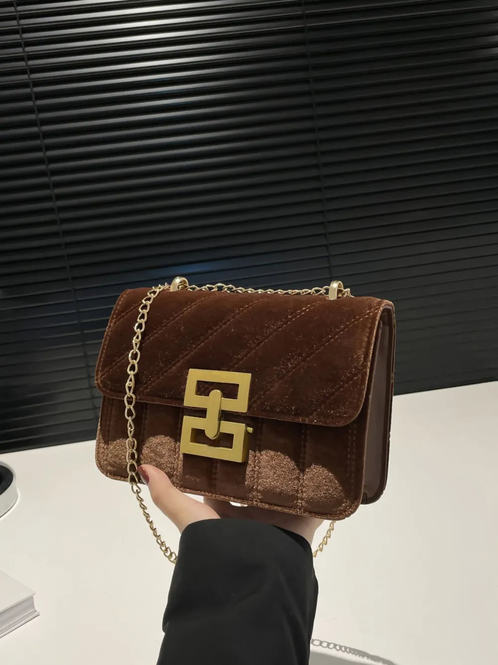 Small Faux Leather Chain Shoulder Bag, Gold-Tone Chain, Crossbody Handbag