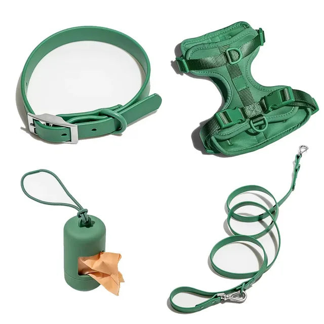 4pc Premium Waterproof PVC Neoprene Pet Harness Leash Collar Bag Dispenser Set