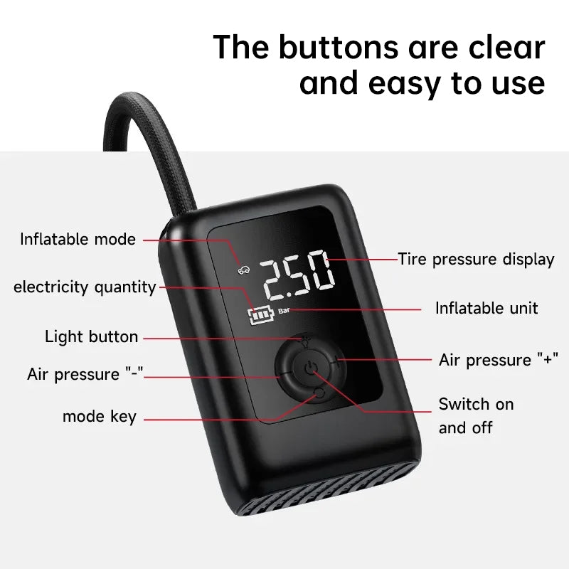 Rechargeable Electric Tire Pump 150PSI LCD Integrated Light Portable Bike Car