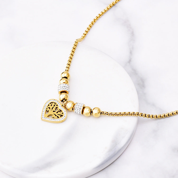 Titanium Steel Heart Tree of Life Rhinestone Necklace Elegant Women's Jewelry