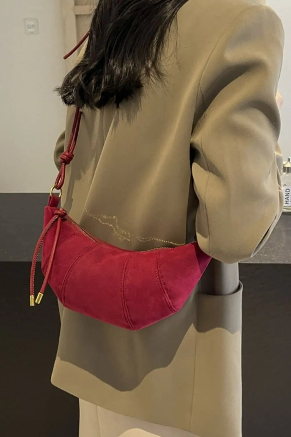 Suede Shoulder Bag Faux Leather Strap Women's Zip Closure Spacious Interior