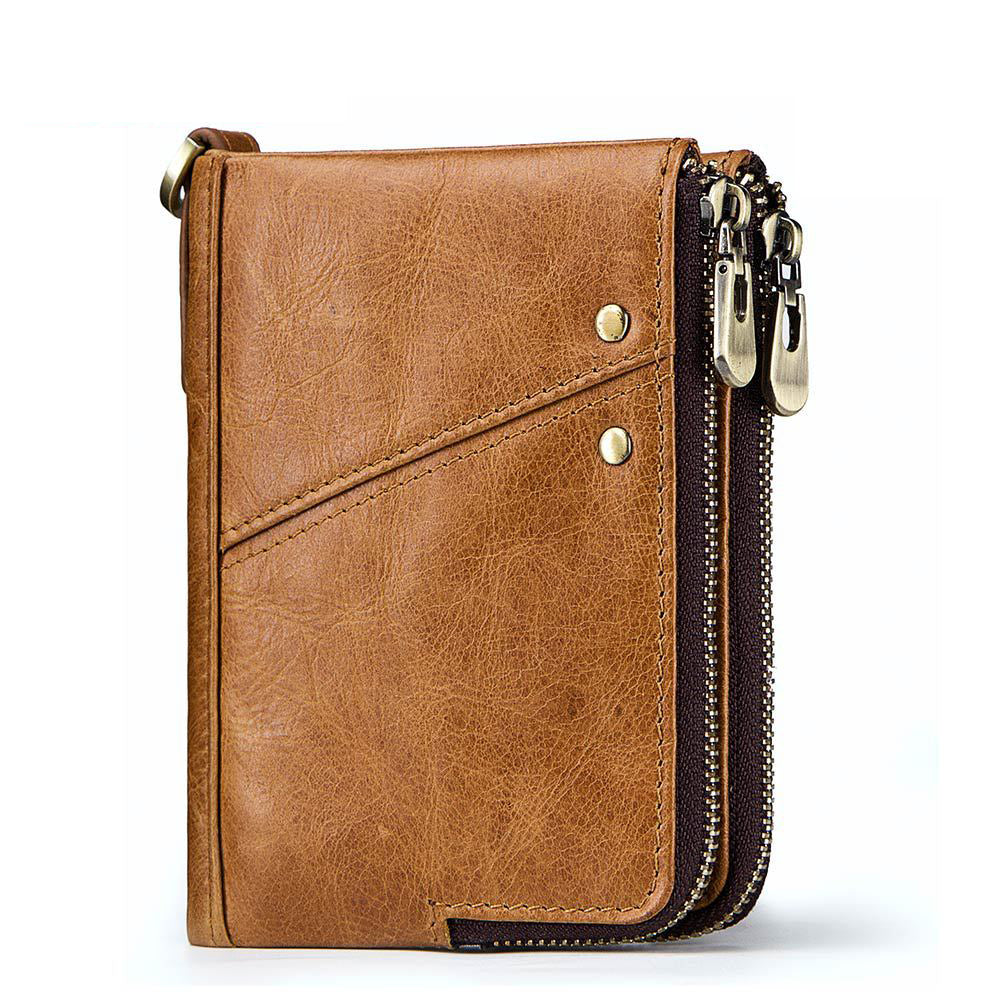 RFID Blocking Genuine Leather Wallet Mens Double Zip Card Holder Purse