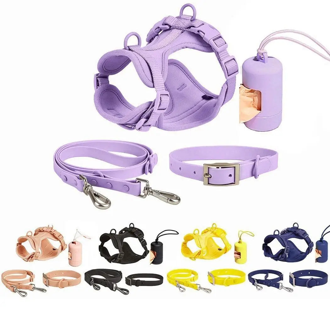 4pc Premium Waterproof PVC Neoprene Pet Harness Leash Collar Bag Dispenser Set
