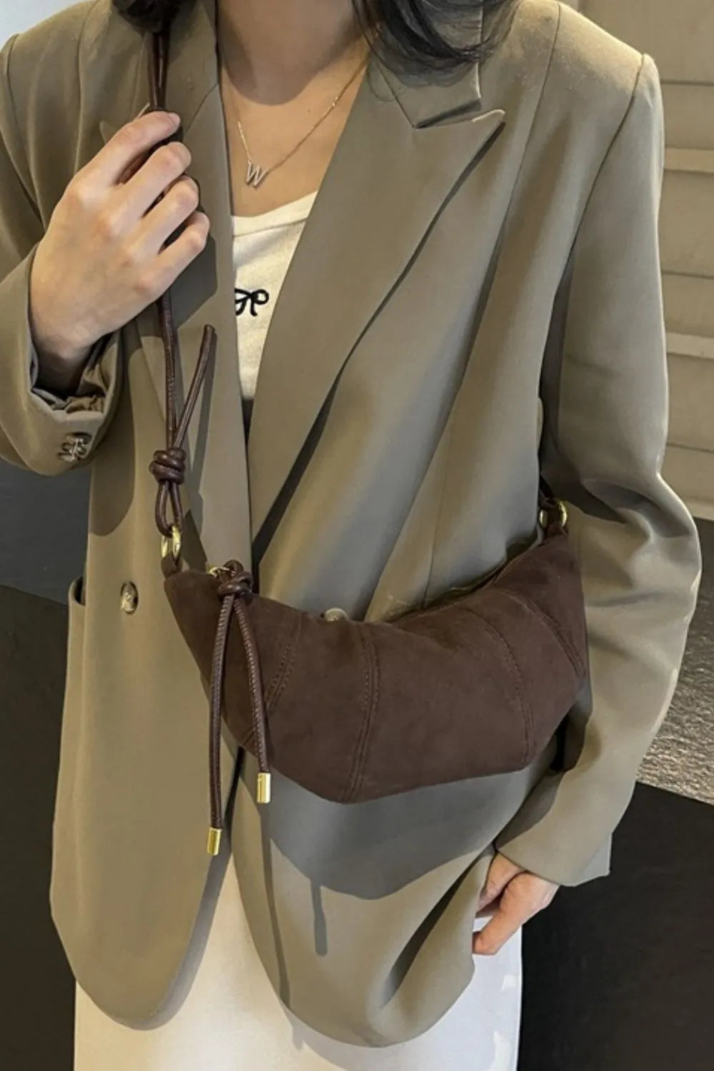 Suede Shoulder Bag Faux Leather Strap Women's Zip Closure Spacious Interior